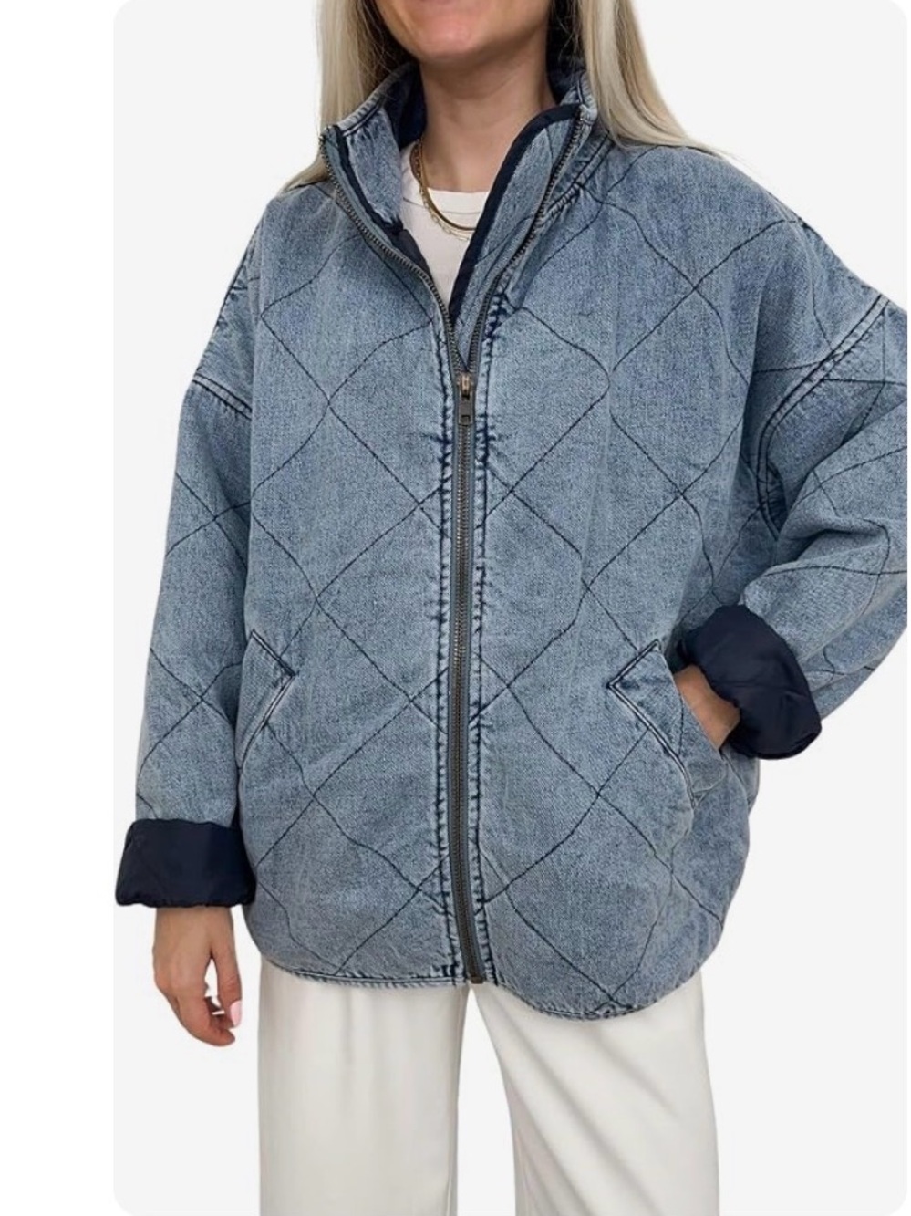 NWT Utcoco Blue Oversized Casual Loose Fit Quilted Denim Jacket with pockets